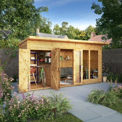 Buy 14 x 6 Maine Summerhouse with Side Shed at Waltons Garden Buildings. UK made sheds, cabins and more. Free, fast delivery to most of UK. Tongue And Groove Cladding, Contemporary Garden Rooms, Insulated Garden Room, Contemporary Garden, Building A Shed, Garden Buildings, Tongue And Groove, Roof Design, Modern Buildings