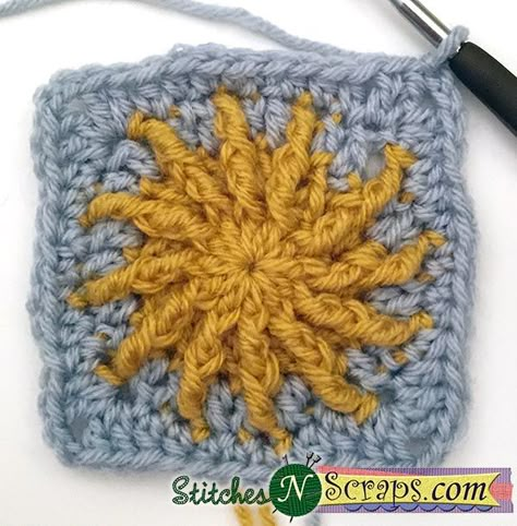 Free Pattern - Sunshine Square Sun Granny Square, Granny Square Pattern Free, Change Colors In Crochet, Knitting Quilt, Crochet Granny Square Tutorial, Granny Square Crochet Patterns Free, Crochet Square Patterns, Granny Squares Pattern, Granny Square Crochet Pattern