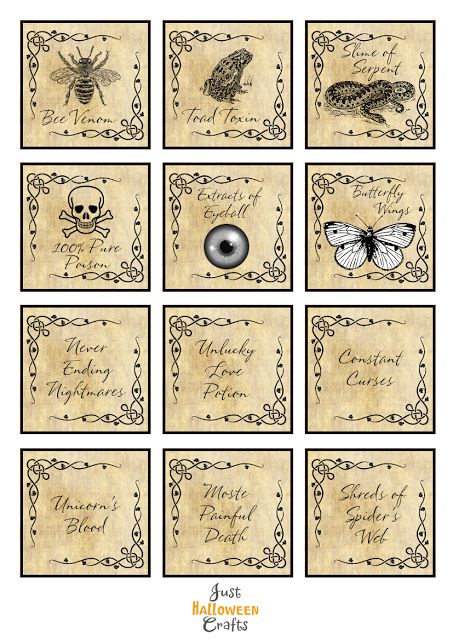 Just Halloween Crafts: Free Halloween Potion Bottle Labels to Print Apothecary Crafts, Halloween Potion Bottle Labels, Witch Printables, Potion Bottle Labels, Specimen Jars, Halloween Labels Printable, Halloween Apothecary Labels, Halloween Bottle Labels, Deco Halloween