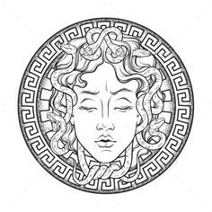 Gorgon Tattoo, Shield Tattoo, Medusa Gorgon, Medusa Art, Kunst Tattoos, Greek Mythology Tattoos, Mythology Tattoos, Medusa Tattoo, Line Art Vector