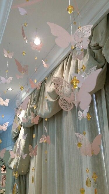 Hanging butterfly strings with crystals  for party decorations Butterfly Themed 21st Birthday Party, Butterfly Themed Decorations, Elegant Butterfly Party, Pink White And Gold Butterfly Party, Butterfly Party Decorations Ideas, Butterfly Graduation Party Ideas, Pink Butterfly Quinceanera Theme, Butterfly Decorations For Quinceanera, Butterfly Decorations For Party Birthday