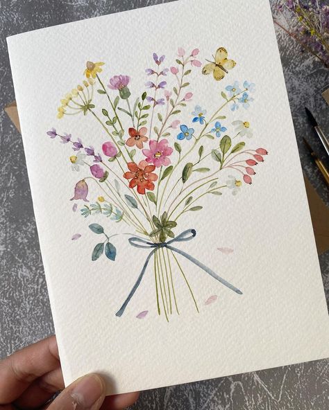 Watercolor Paint Ideas Easy, Watercolor Flower Drawings, Flower Cards Drawing, Watercolour Flowers Card, Flower Drawing Colourful, Watercolor Bouquet Easy, Watercolor Flowers Birthday Card, Cute Watercolor Birthday Card Ideas, Watercolor Flower Bouquet Simple