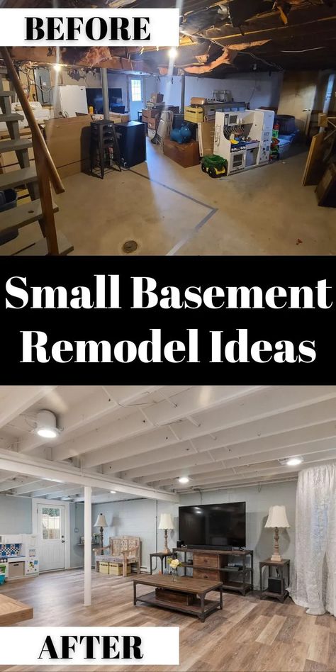 Scroll through the before and after pics of our basement renovation and find basement remodel ideas including an open joist ceiling! Tap on this pin to see the reveal and more with Ahna Fulmer // HammersNHugs.com. #basementremodel #basementinspiration #beforeandafter Open Joist Ceiling, Joist Ceiling, Basement Remodeling Before And After, Cheap Basement Remodel, Basement Remodel Ideas, Low Ceiling Basement, Basement Decoration, Small Basement Remodel, Old Basement