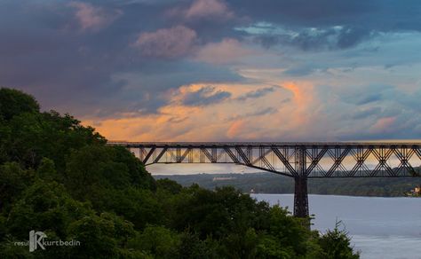 Sunset on the Hudson River with Walkway Over the Hudson Photograph by BR20ten on Etsy #WalkwayOverTheHudson #HudsonValley Sunset And Clouds, Walkway Over The Hudson, Railroad Bridge, Shop Photography, Pedestrian Bridge, Custom Mats, Hudson River, Upstate New York, Colour Photography