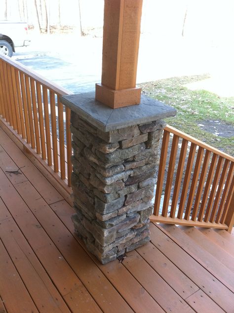 Post example. Stone base with wood Stone Porch Columns, Front Porch Posts Columns, Porch Underpinning, Stone Porch, Craftsman Style Porch, Front Porch Stone, Front Porch Posts, House Columns, Small Porch Decorating