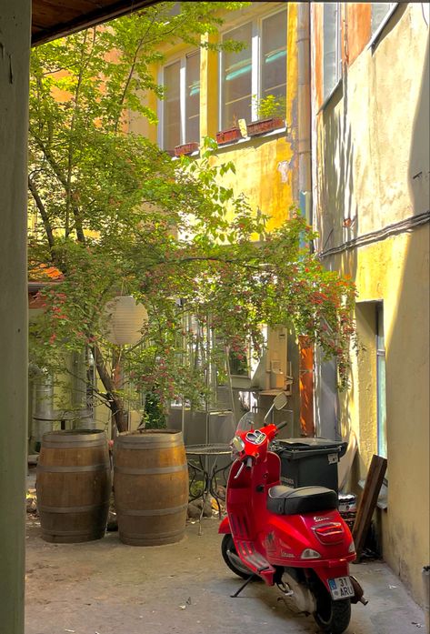 Red moped, city life, vilnius oldtown, aesthetic Red Vespa Aesthetic, Vilnius Aesthetic, Moped Aesthetic, Girl Hobbies, Red Vespa, Subway Surfers, Rich Girl, City Life, Red Fashion