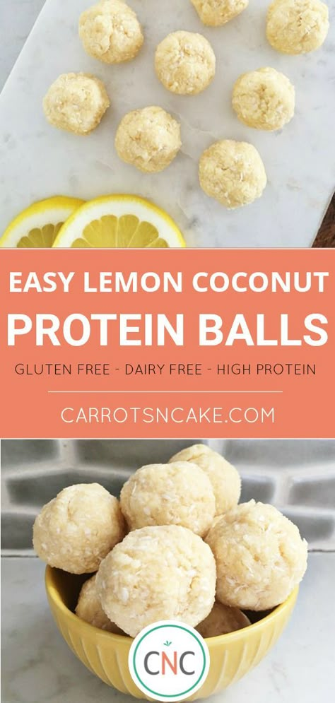 Easy no-bake snacks with a lemony fresh flavor. Great to keep on hand for an on-the-go protein-packed snack or sweet treat. High in protein, gluten-free and dairy free.   #nobake #highproteinsnack #easysnack Coconut Protein Balls, Arbonne Recipes, Protein Balls Recipes, Coconut Protein, Protein Dinner, Healthy Protein Snacks, Protein Packed Snacks, Protein Powder Recipes, Lemon Coconut