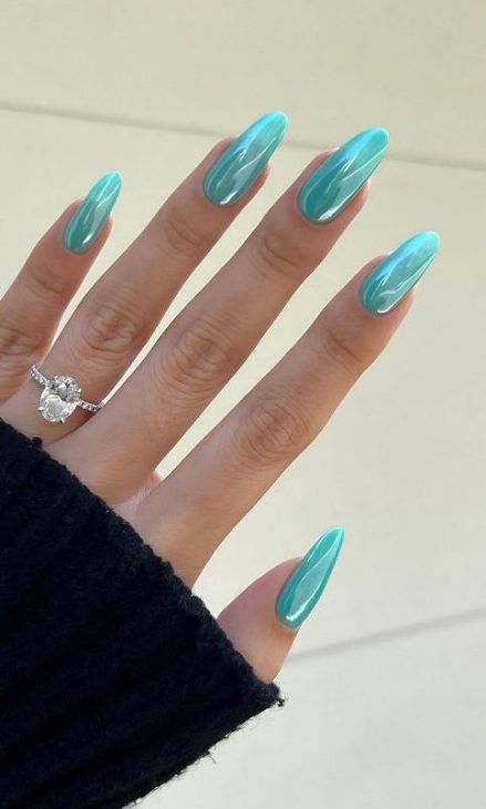 20 Trending Chrome Nail Ideas for Summer 2024: Designs & Colors Teal Chrome Nails Designs, Tiffany Blue Nails Chrome, Chrome Colors, Turquoise Nails Chrome, Opi Chrome Nails, Chrome Beach Nails, Turquoise Chrome Nails, Trending Nails 2024 Summer, Nails For Summer 2024