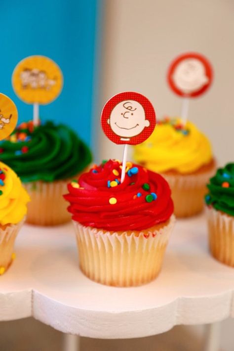 Cupcake from a Peanuts + Charlie Brown Birthday Party via Kara's Party Ideas | KarasPartyIdeas.com (29) Charlie Brown And Snoopy Birthday Party, Charlie Brown Cupcakes, Charlie Brown Thanksgiving Party, Snoopy Bday, Brown Birthday Party, Charlie Brown Birthday, Charlie Brown Birthday Party, Peanuts Birthday Party, Snoopy Birthday Party