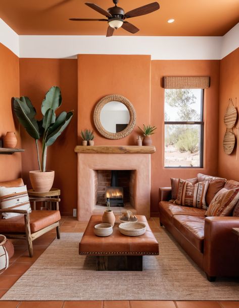 51 Living Room Colors Ideas To Elevate Your Home Design Terracotta Room Color, Orange Wall Living Room Ideas, Coral Walls Living Room, Terracotta Walls Living Room, Terracotta Floor Living Room, Living Room Colors Ideas, Terra Cotta Living Room, Sunset Living Room, Room Colors Ideas