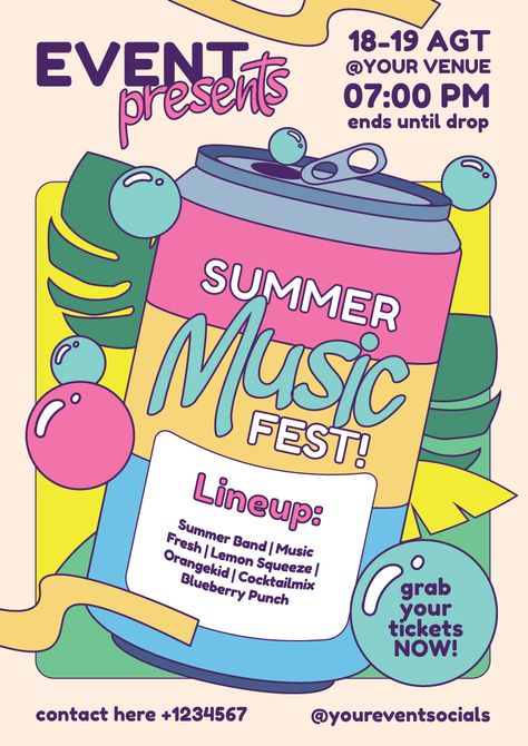 Editable vector poster template for summer music festival or events. Concert Marketing Ideas, Music Festival Invitation, School Festival Poster, Retro Music Festival Poster, Summer Concert Poster, Summer Festival Poster Design, Musical Festival Poster, Summer Festival Branding, Music Festival Graphic Design