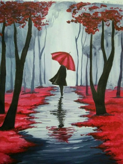 Umbrella Art, Red Umbrella, Soyut Sanat Tabloları, Walking In The Rain, Simple Acrylic Paintings, Art Painting Gallery, 수채화 그림, Beginner Painting, Nature Art Painting