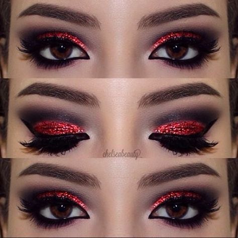 Make Up Yeux, Trucco Smokey Eye, Carnaval Make-up, Cheer Makeup, Devil Makeup, Halloweenský Makeup, Halloween Make-up Looks, Red Halloween, Christmas Eye Makeup