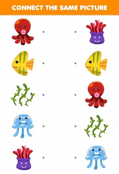 Education game for children connect the same picture of cartoon octopus fish seaweed jellyfish anemone printable underwater worksheet