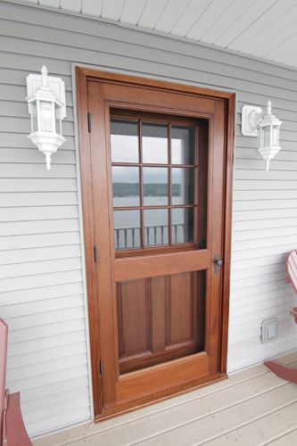 Screen/Storm door Front Door Design With Storm Door, Wood Storm Doors For Front Door, Wood Front Door With Storm Door, Antique Storm Door, Storm Doors, Wood Storm Doors, Front Door With Screen, Rustic Front Porch, Glass Storm Doors