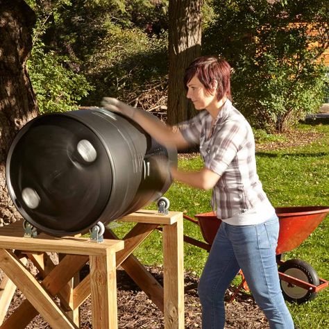 DIY Compost Barrel Tumbler | Family Handyman | The Family Handyman Compost Bin Tumbler, Diy Compost Tumbler, Compost Barrel, Compost Starter, Tumbling Composter, Compost Bin Diy, Compost Tumbler, Diy Compost, Shelves Storage