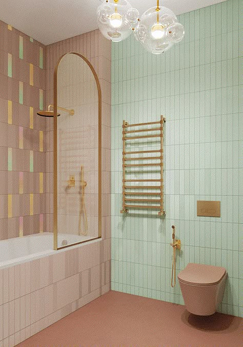 Pastel Bathroom, Bathroom Remodel On A Budget, Bathroom Remodeling Ideas, Childrens Bathroom, Pretty Bathrooms, Remodel On A Budget, Bathroom Remodel Ideas, Brass Fixtures, Tile Wall