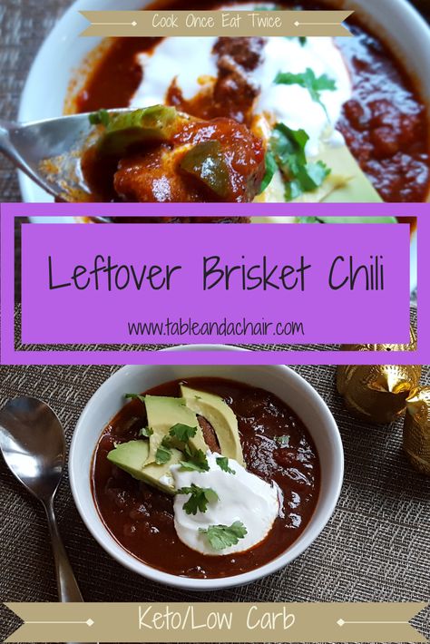 Leftover Brisket and Poblano Chili | Table and a Chair #recipes #lowcarb #leftovers #keto #mealprep Chili With Leftover Brisket, Leftover Brisket Chili Crockpot, Beef Brisket Chili Recipes, Brisket Chili Recipe Smoked, Brisket Chili Crockpot, Leftover Brisket Chili Recipe, Leftover Brisket Chili, Brisket Meals, Smoked Brisket Chili Recipe