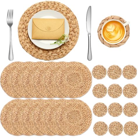 PRICES MAY VARY. What You Can Get: we will provide you with 12 pieces of rattan placemats, 12 pieces of coasters, a total of 24 pieces, sufficient quantity to meet your daily needs, besides, they also use the popular brown, and you can also give them to others Trustworthy Material: these round woven placemats are made of quality linen rope and wicker, which is sturdy, durable, safe, odorless and not easy to deform or fade, at the same time, they have ideal anti slip and heat insulation, and if y Rattan Placemats, Farmhouse Napkin Rings, Woven Charger, Farmhouse Placemats, Dining Table Kitchen, Decorative Napkins, Absorbent Coasters, Blue Toile, Kitchen Outdoor