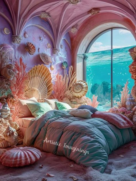 Siren Bedroom, Siren Room, Underwater Homes, Mermaid Rooms, Water Bedroom, Fairy Castles, Fairytale Queen, Sea Castle, Castle Rooms