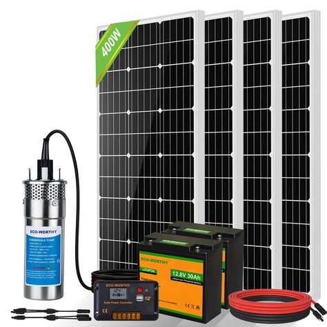 PRICES MAY VARY. [Ultimate 400W Solar Well Pump Kit]: The solar well pump kit includes 400W solar panel kit and 3.2 GPM deep well pump (120W) , 2pcs 30Ah lithium battery with solar power controller. This excellent solar water pumping system makes the pump powerful as a beast. [Powerful 30Ah Lithium Battery]: ECO-WORTHY lithium iron phosphate battery (LiFePO4) can be recharged more than 3000 deep cycles. Built-in BMS protects the cell from getting damage like: overcharge, over-discharge, discharg Well Pump House Ideas Buildings, Water Heater Diy, Pond Home, Diy Septic System, Deep Well Submersible Pump, Water Pump System, Hand Water Pump, Deep Well Pump, Grid Ideas