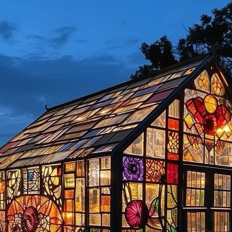 Happy Gardens 😀 on Instagram: "Just a gorgeous stained glass greenhouse!!" Stained Glass Greenhouse, Garden Displays, Window Greenhouse, Glass Greenhouse, Grass Art, Garden Goals, Dream Farm, Home Greenhouse, Cottage By The Sea