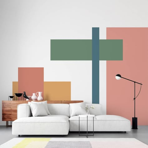 You Only Need Water To Install This Abstract Wall Art Painted Shapes On Wall Bedroom, Geometric Shapes Wall Paint, Paint Shapes On Wall, Painting Shapes On Walls, Accent Wall Geometric Design, Kitchen Snug, Colour Blocking Interior, Geometric Mural, Geometric Wall Mural