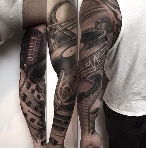 Music Sleeve Tattoo For Men, Music Producer Tattoo, Music Sleeve Tattoo Women, Dj Tattoo Designs, Music Sleeve Tattoo, Record Tattoo, Dj Tattoo, Piano Tattoo, Drum Tattoo