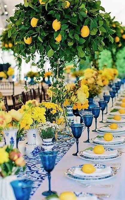 Limon Them Party, Citrus And Porcelain Wedding, Positano Bridal Shower Ideas, Limoncello Birthday Party, Wedding Citrus Theme, Lemon And Blue Wedding Theme, Italian Lemon Wedding Theme, Italian Blue And Lemon Theme, Positano Theme Wedding