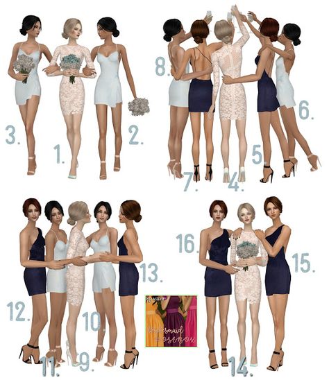 Sims2City: Bridesmaid Posebox Photography Figure, Cartoon Pose, Prom Photography Poses, Bridesmaid Poses, Sims 4 Family, 4 Poses, Glam Photoshoot, Family Picture Outfits, Posing Guide