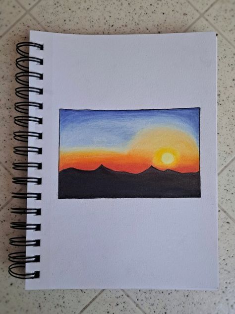 Mountain Sunset Colored Pencil Drawing Mountain Sunset Drawing, Sunset Colored Pencil, Draw Sunset, Sunrise Drawing, Sunset Drawing, Art Ho, Color Pencil Sketch, Mountain Drawing, Purple Sunset