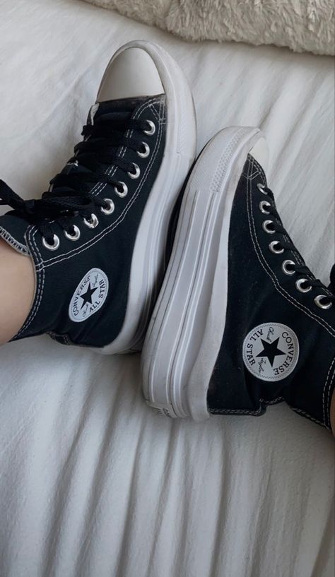 Black Converse Black Laces, Converse Black Laces, Converse With Black Laces, Converse Move, Black Platform Converse, Black And White Converse, Platform Converse, Black Converse, Shoe Inspo