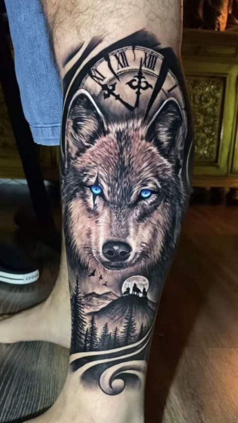 Wolf Tattoo Leg Men, Wolf Tattoo Design Men Forearm, Wolf Clock Tattoo, Wolf Tattoo Design Men Arm, Wolf Tattoo Leg, Half Sleeve Tattoos Wolf, Wolf Tattoo Shoulder, Wolf Girl Tattoos, Wolf Pack Tattoo