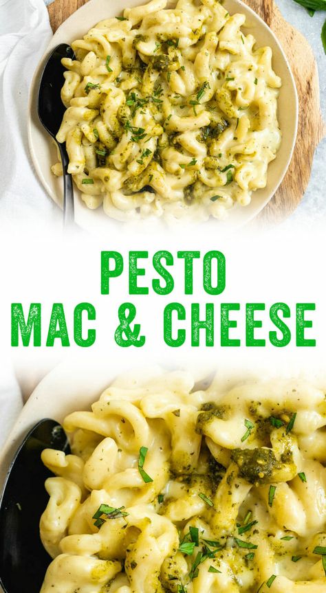 A swirl of basil pesto brings so much flavor to this classic comfort food! This pesto mac and cheese features Havarti cheese for ultra creaminess. #pesto #macandcheese #pasta #mac #family #dinner #healthy #mealprep Family Dinner Healthy, Pesto Mac And Cheese, Vegan Pesto Recipe, Pesto Cheese, Havarti Cheese, Vegan Pesto, Vegetarian Cookbook, Havarti, Couple Cooking