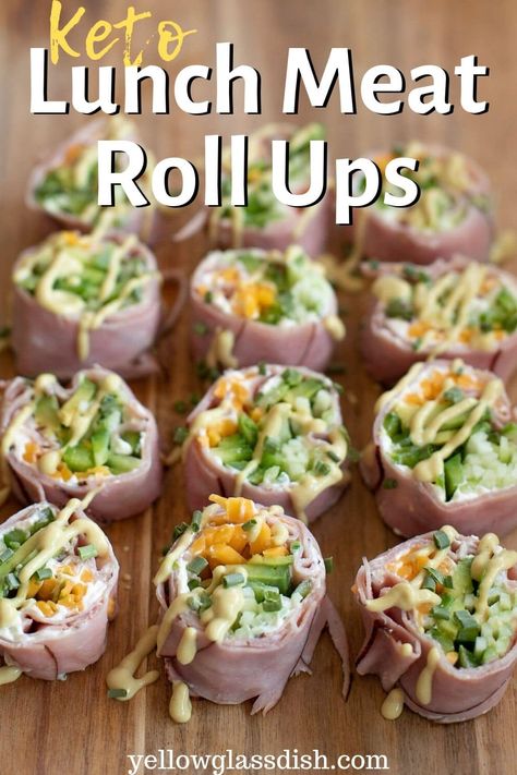 Keto Lunch Meat Roll Ups - Yellow Glass Dish | Low Carb, THM-S, GF Lunch Meat Roll Ups, Keto Lunch Meat, Meat Roll Ups, Meat Roll, Easy Low Carb Snacks, Meat Rolls, Low Carb Snack, Keto Lunch, Low Carb Vegetables