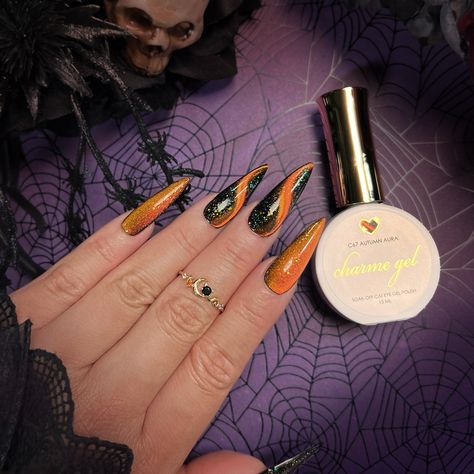 Swipe to watch the NEW Enchanted Chameleon Cat Eye Charme Gels color shift 😻✨ Are you loving the new gels? Vote in the comments 👇 Comment “ENCHANTED” for the direct link to shop! 🔗 Save & share for spooky Halloween & fall nail inspo! 🍁🎃 Follow @daily_charme for more nail trends! 💅 #cateyenails #spookynails #velvetnails #colorshiftingnails #nailarttrends #diynails #nailpoll #nailtech #nailartsupplies #nailart #gelnails #nails #fallnails #halloweennails #halloween2024 #beetlejuicenails #hallo... Black And Orange Cat Eye Nails, Halloween Cat Eye Nails, Fall Cat Eye Nails, Cat Eyes Nail, Bright Orange Nails, Autumn Aura, Ombre Chrome Nails, Velvet Nails, G Nails