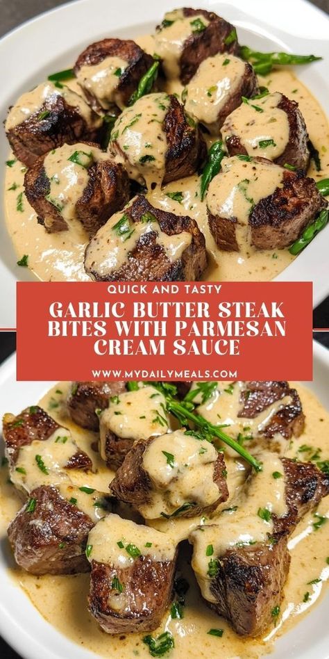 Delight your taste buds with these flavorful steak bites infused with garlic butter and topped with a silky Parmesan sauce. Easy to make and packed with mouthwatering flavors! Back To School Meals, Steak Toppings, Garlic Butter Steak Bites, Butter Steak Bites, Steak Bites Recipe, Garlic Steak, Carnivore Keto, School Meals, Parmesan Cream Sauce