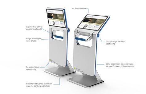 A touchscreen media kiosk developed for museum patron interaction and information display. The screen angle is adjustable to allow for users of all heights. Info Kiosk, Information Kiosk, Interactive Kiosk, Metal Sheet Design, Interactive Kiosks, Digital Kiosk, Information Display, Wayfinding Signage Design, Interactive Display