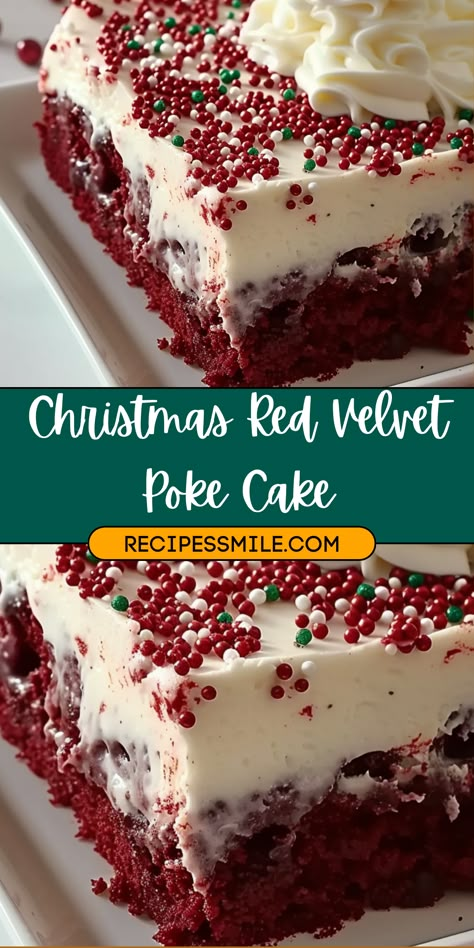 Christmas Dessert Red Velvet, Christmas Poke Cake Holidays, Cake Recipes With Evaporated Milk, Christmas Red Velvet Poke Cake Recipe, Red Velvet Cake Mix Desserts, Christmas Desserts Red Velvet, Christmas Red Velvet Poke Cake, Red Velvet Dump Cake Recipes, White Cake Poke Cake Recipes