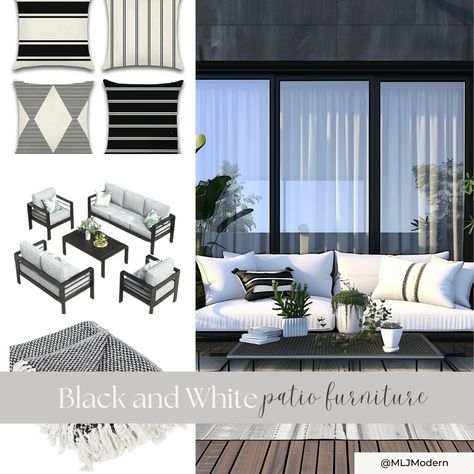 Elevate your outdoor living space with chic black and white patio furniture accents.  Black metal furniture, black and white pillows, and neutral accents create the perfect monochrome outdoor space.  #patiofurniture #outdoorfurniture #patioinspo #patioinspiration #patiodesign #outdoordining #outdoorspacedesign #summerentertaining #monochromedesign Black And White Outdoor Decor, Black And White Patio Furniture, Black Metal Furniture, Furniture Black And White, Black And White Patio, White Patio Furniture, Furniture Accents, White Deck, White Patio