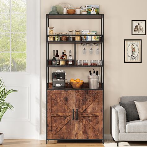 [Ample storage space] Our 5 Tier Wine Cabinet features various open storage shelves ideal for keeping wine sets easily accessible, along with a smaller open shelf designed for neatly organizing bottles and cans. Tall Bar Cabinet, Microwave Storage, Open Storage Shelves, Tall Bar, Microwave Stand, Metal Net, Wine Bar Cabinet, Utility Shelves, Bakers Rack