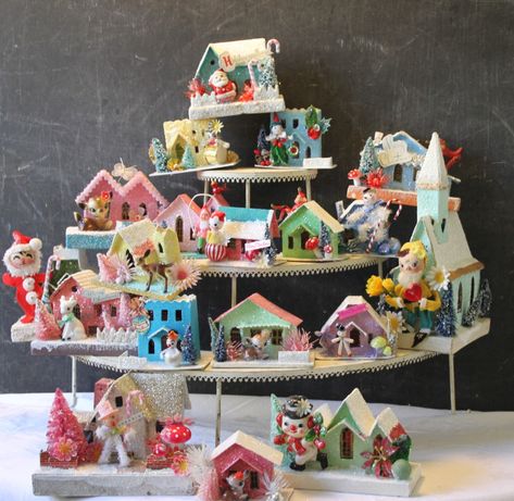 Vintage putz houses (magpie Ethel) Putz House Display, Putz Houses Display, Vintage Putz Houses, Kitchy Christmas, Magpie Ethel, Cardboard Houses, Christmas Kitsch, Collection Displays, Putz House