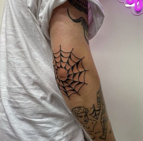 Spiderweb Hand Tattoo Men, Spider Web Elbow Tattoos For Women, Traditional Spider Web Tattoo Elbow, Elbow Tattoo Web, Barbed Wire Elbow Tattoo, Elbow Spiderweb Tattoo, Spiderweb Elbow Tattoo Women, Cobweb Elbow Tattoo, Pajeczyna Tattoo