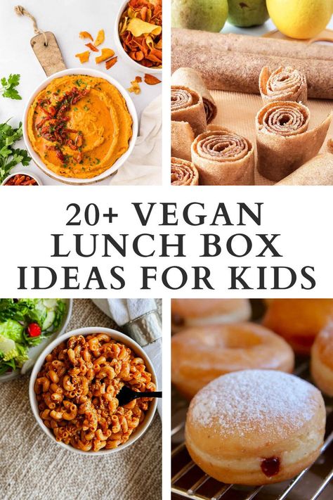 COLLAGE OF 4 PICTURES SHOWING VEGAN LUNCH BOX IDEAS FOR KIDS Vegan School Lunch Ideas For Kids, Vegan Lunch Box Ideas, Vegan School Lunch Ideas, Lunch Box Ideas For Kids, Vegan School Lunch, Box Ideas For Kids, Vegan Lunch Box, Vegan Kids Recipes, Lunch Box Ideas