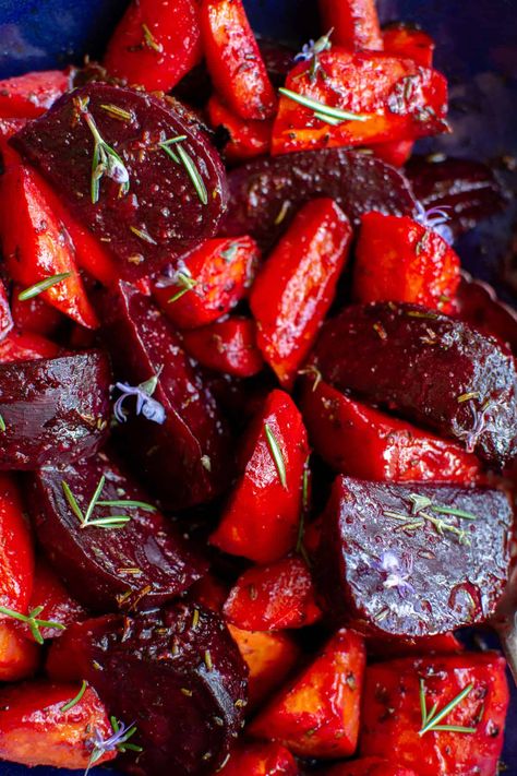 Several images of roasted beets and carrots in a blue bowl. Beets And Carrots, Roasted Beets And Carrots, Rosemary Syrup, Red Leaf Lettuce, Best Thanksgiving Recipes, Miso Paste, Roasted Beets, Best Side Dishes, Pantry Staples