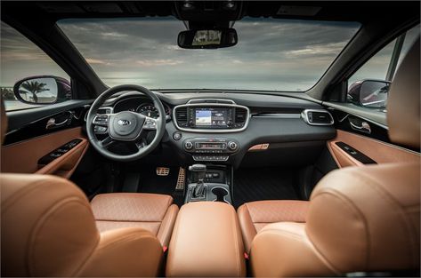 Refined, rugged and roomy, Kia Motors America’s (KMA) best-selling Sorento SUV remains as capable as ever for the 2019 model year. It touts a number of visual and feature enhancements, inside and out. #2019KiaSorento #KiaSorento Car Front Seat View, Kia Sorento Interior, Kia Sorento 2016, Car Front Seat, Kia Motors, Crossover Suv, Kia Sedona, Us Cars, Kia Sorento