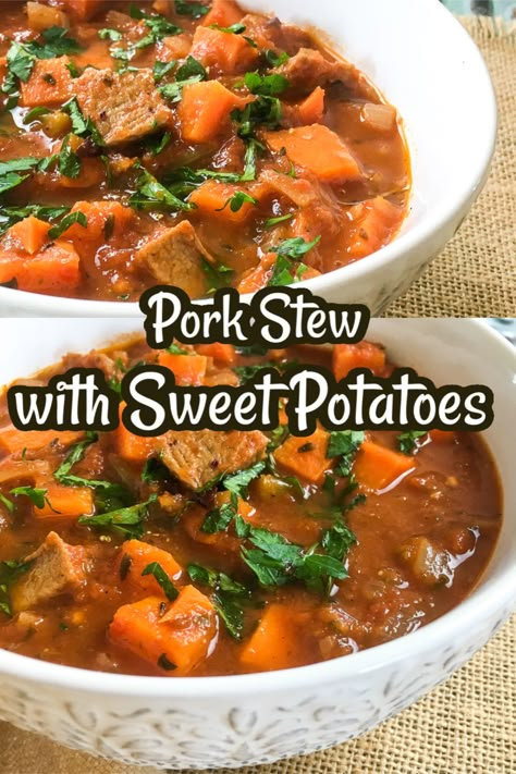 Pork Sweet Potato Recipes, Pork Tenderloin And Sweet Potato Recipes, Meatball Pie, Pork Stew Meat Recipes, Pork Stew Meat, Pork Stew Recipes, Vindaloo Recipe, Sweet Potato Stew, Easy Suppers