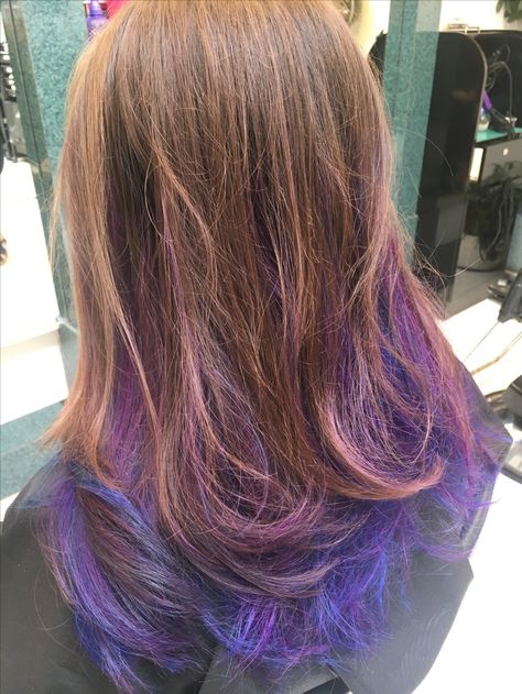 Unicorn hair 💙💜🌈🦄love Purple Dyed Hair Underneath Brown Hair, Under Hair Color Purple, Purple Pink Underneath Hair, Half Dyed Hair Underneath Purple, Colored Streaks In Hair, Pink Purple Blue Hair Streaks, Under Hair Color, Purple Hair Streaks, Purple Brown Hair