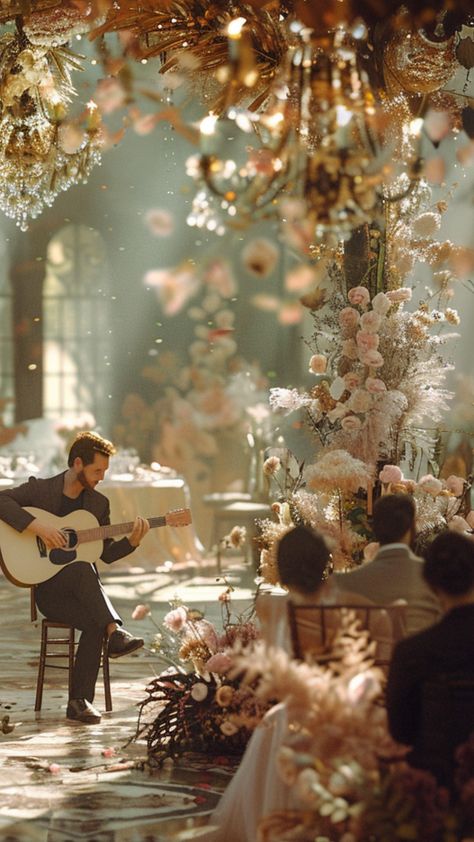 A romantic scene with a guitarist playing an acoustic guitar at a wedding ceremony, surrounded by elegant decorations and happy guests. Guitar Wedding, The Wedding Singer, Wedding Music, Wedding Songs, Guitar Songs, Your Special, Wedding Shoot, Classical Music, On Your Wedding Day