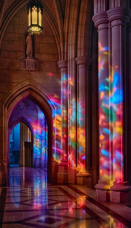 Cathedral Window Photography, Light Through Stained Glass Window, Stained Glass Windows Wallpaper, Stained Glass Cathedral Windows, Repurposed Stained Glass Windows, Rainbow Stained Glass Window, Color And Light Art, Large Stained Glass Window, Stain Glass Aesthetic